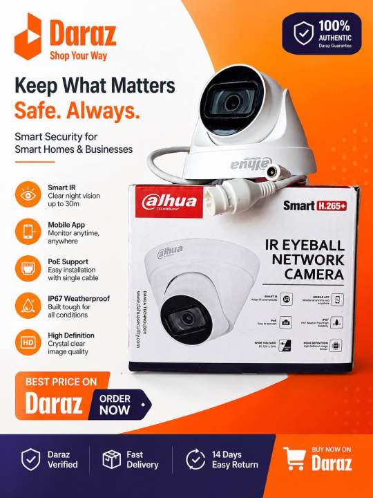 Dahua 4MP IP Eyeball Network Camera | H.265+ PoE CCTV Security Camera | IR Night Vision | Weatherproof Outdoor/Indoor Surveillance Camera