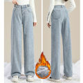 Winter Girls Plush Thermal High Waist Solid Jeans Lady Fleece Snow Warm Denim Pants Women Baggy Straight Leg Daily Trousers. 