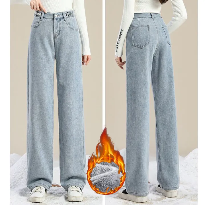Winter%20Girls%20Plush%20Thermal%20High%20Waist%20Solid%20Jeans%20Lady%20Fleece%20Snow%20Warm%20Denim%20Pants%20Women%20Baggy%20Straight%20Leg%20Daily%20Trousers%20-%20Image%204