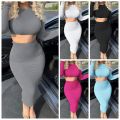 Womens Dress Sets Long Sleeve Crop Tops And Mid Calf Skirt Suit Fashion 2PCS Set Slim Office Lady Autumn Suits Clothing Q2418.