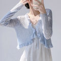 Ruffled Trim Tie Front Long Sleeve Crop Top Women Ribbed Knit Cardigan Sweater Shrug Top Summer Teen-girl Fairycore Outfit.