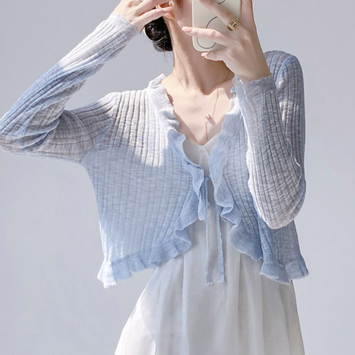 Ruffled%20Trim%20Tie%20Front%20Long%20Sleeve%20Crop%20Top%20Women%20Ribbed%20Knit%20Cardigan%20Sweater%20Shrug%20Top%20Summer%20Teen-girl%20Fairycore%20Outfit%20-%20Image%202