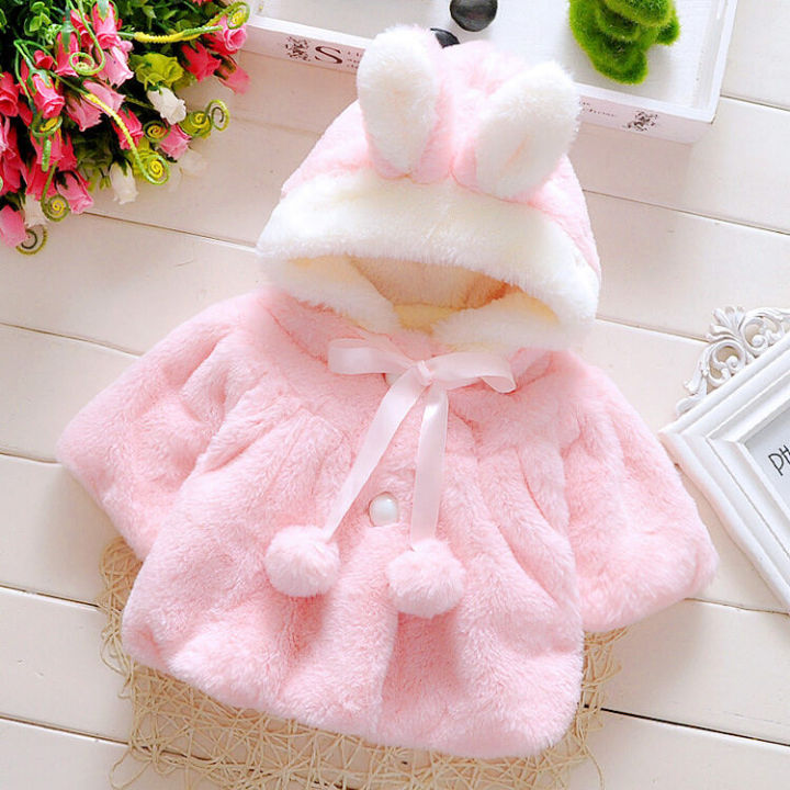 Children's Winter Coat Warm White Pink Rabbit Ears Hooded Cape Korean Version Cute Plush Thick Coat