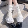 Ruffled Design Knitted Leg Warmer Lace Trim Bow Tiered Lace Lolita Socks Warm Knitted Fabric T-shaped Lace Socks Japanese Style.