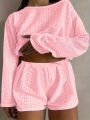 Plus Size Eyelet Casual Shorts Set, Crew Neck Long Sleeve Top & Shorts Outfits, Women's Plus Size Clothing. 