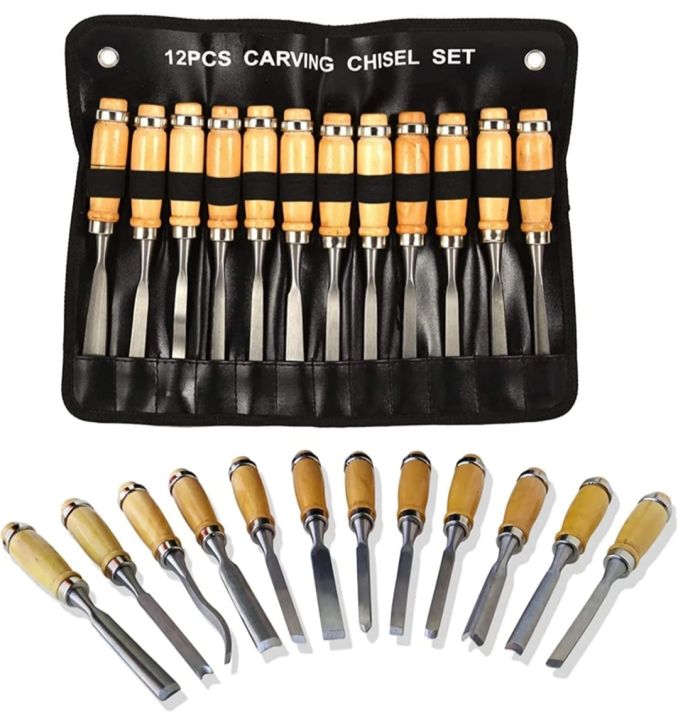 Wood Carving Tools, 12PCS Woodworking Carpentry Gouges Hand Chisel Tool with Wooden Handles and Storage Pouch for Beginners Hobbyists Professionals