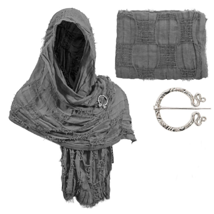 Wrap Dune Wasteland Hooded Shawl With Viking Brooch | Cowl Scarf Rogue Medieval Cloak Renaissance Costume Cape