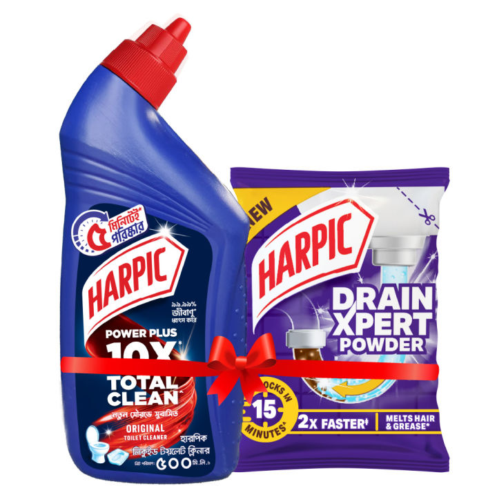 Harpic Toilet Cleaning Liquid Power Plus 10x Total Clean 500ml + 45g Drain Cleaning Xpert Powder Combo Pack