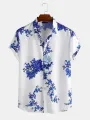 European and American Men's Printed Shirt Southeast Asian Casual ink Painting Plum Blossom Short Sleeved Lapel Shirt S-3XL. 