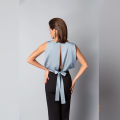 New Summer Clothes Women Solid  Backless Lace Up Bow Satin Top Sleeveless Back Hollow Out Round Neck Elegant Shirt. 