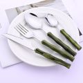 1Pc Green Imitation Bamboo Handle Knife Fork Spoon Dinnerware Cutlery Set  Kitchen Flatware 304 Stainless Steel Tableware Set. 