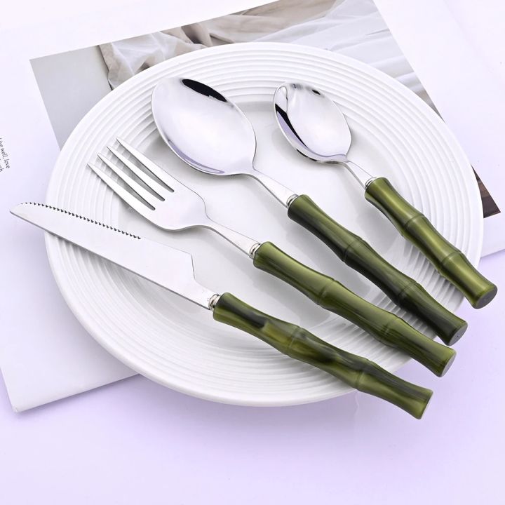 1Pc%20Green%20Imitation%20Bamboo%20Handle%20Knife%20Fork%20Spoon%20Dinnerware%20Cutlery%20Set%20%20Kitchen%20Flatware%20304%20Stainless%20Steel%20Tableware%20Set%20-%20Image%202