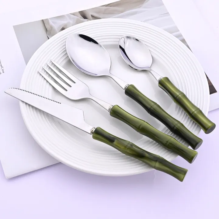 1Pc%20Green%20Imitation%20Bamboo%20Handle%20Knife%20Fork%20Spoon%20Dinnerware%20Cutlery%20Set%20%20Kitchen%20Flatware%20304%20Stainless%20Steel%20Tableware%20Set%20-%20Image%202