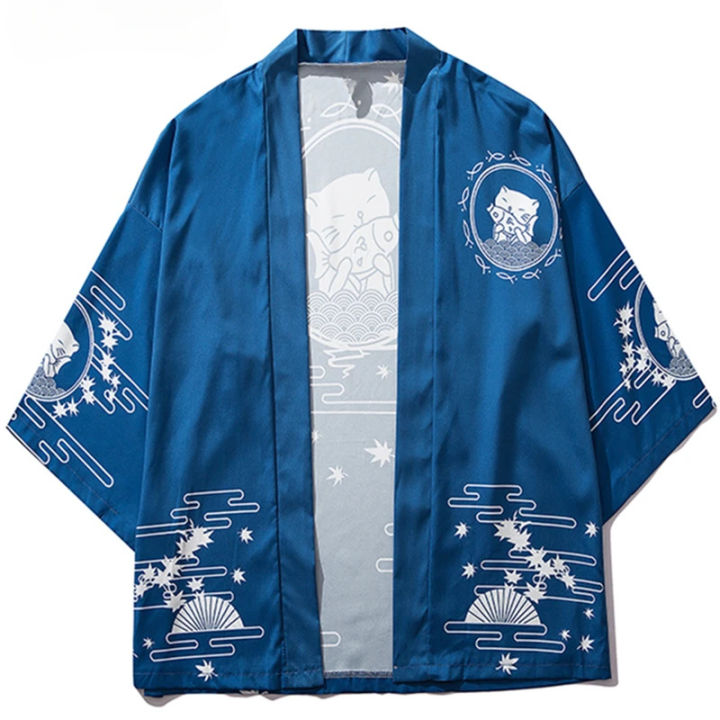 Kimono with Japanese Cat Print, Thin Kimono for Men, Japanese Streetwear, Blue, Casual, Outerwear