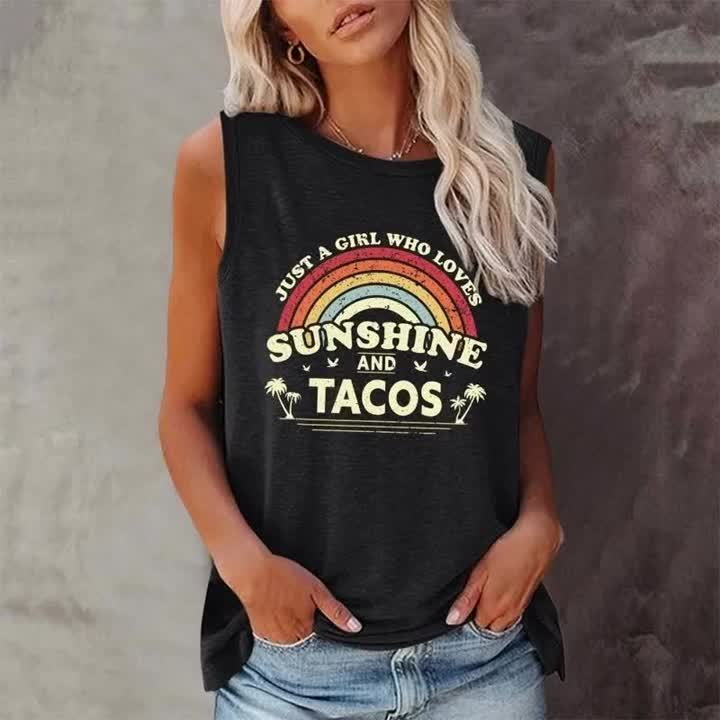 Seeyoushy Just A Girl Who Loves Sunshine and Tacos Print Summer Women Tank Top Sleeveless New Graphic T Shirt Y2k Aesthetic Tops