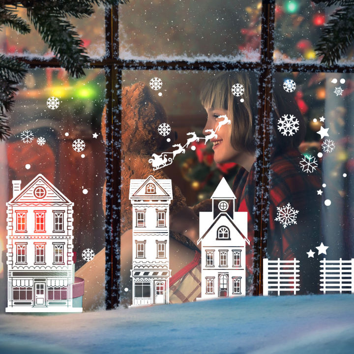 Christmas Decorations Winter Snow House Static Stickers Shopping Mall ...