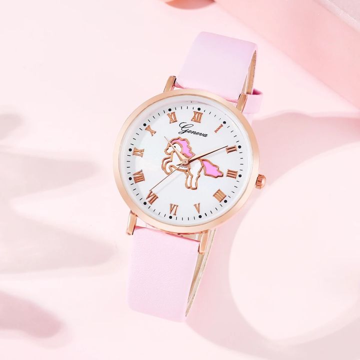 2Pcs%20Ladies%20Fashion%20Trend%20Roman%20Unicorn%20Digital%20Pink%20Leather%20Quartz%20Watch%20Simple%20Crystal%20Bracelet%20Set%20Christmas%20Birthday%20Gift%20-%20Image%203