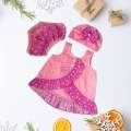 Crossover baby frock plain design frock with frill panty short and turban bow cap. 