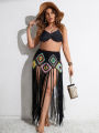 Plus Size Cover Ups Crochet Long Fringe Tassel Beach Dress Hollow Out Women Bikini Swimwear Bathing Suit Beachwear Tunics Skirt. 