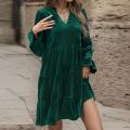 Women Elegant Velvet Dress Long Sleeve Solid Loose High Waist V-Neck Midi Dresses Evening Party Chic Lady Robe Christmas Clothes. 