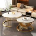 Luxe Living Co - Customized Modern Round MDF Top, Coffee Table ,with Black Glass Center, Gold Metal Frame, and Iron Base -Nesting Table, Tea Table, Side Table, Dining Table , and Decorative Table for Living Room, Office, or Drawing Room with Wooden Top. 