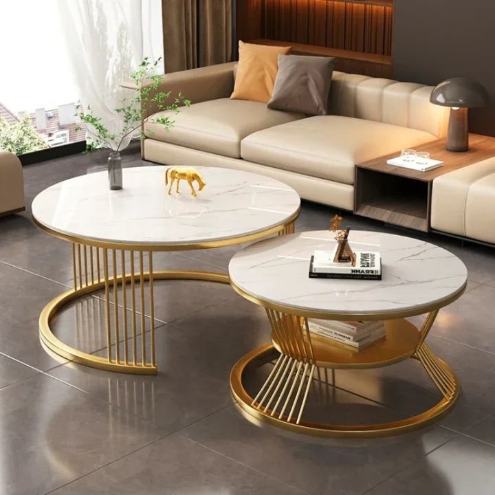 Luxe Living Co - Customized Modern Round MDF Top, Coffee Table ,with Black Glass Center, Gold Metal Frame, and Iron Base -Nesting Table, Tea Table, Side Table, Dining Table , and Decorative Table for Living Room, Office, or Drawing Room with Wooden Top