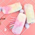 Pencil Case Pouch Plush Fluffy Faux Fur Korean Cute Kawaii School Stationery Makeup Pouch Rabbit Fur Ball Rainbow. 