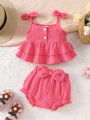 Baby Girl Bow-Knot Suspender Top with Ruffles + Bow-Knot Shorts Set, Cute and Breathable Two-Piece Summer Set. 