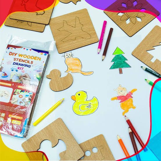 Kids Wooden Drawing Stencils Kit With Puzzle 24 Pes 12 Inner 12 Outer