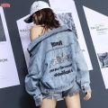 Women's denim jacket Korean version of the jacket Korean version of the long-sleeved sunscreen vintage collar striped shirt. 