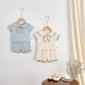Summer Baby Girls 2-Piece Doll Neck Bow Short Sleeve Top + Shorts Casual Suit. 