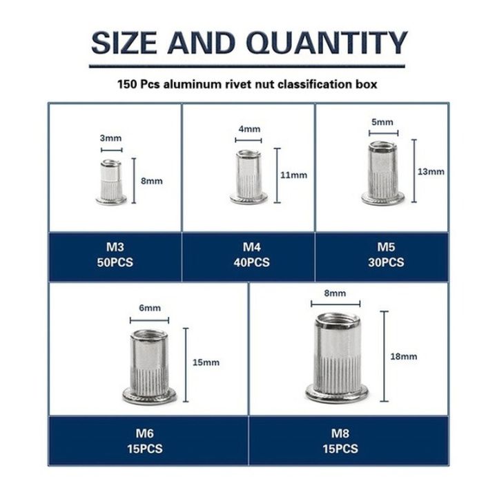 Rivet%20Nuts%20150PCS%20%20Mandrel%20Kit%20M3/M4/M5/M6/M8%20or%20Nut%20Rivet%20Mandrels%20Repairtool%20Rivet%20Flatheadscrew%20Pop%20Nut%20Rivet%20%20Set%20-%20Image%204