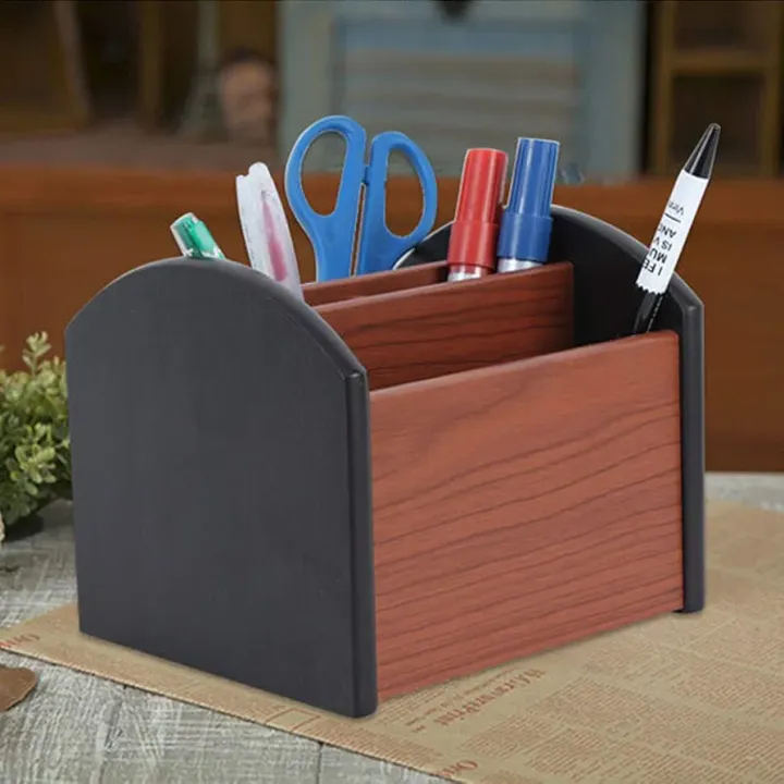 Wood Pen Pencil Ruler Holder Rotating for Desk Remote Control Holder ...