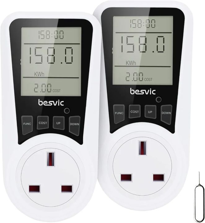 Besvic Power Meter Energy Monitor Plug, Besvic 13A Electricity Usage Power Consumption Monitor Socket with 7 Monitoring Modes, Overload Warning, Amp Wattage Volt Meter Analyzer (Pack of 2)