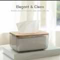 Tissue Box, Facial Tissue Dispenser Box with Bamboo Wood Lid, Transparent Container, Modern Minimalist Design. 
