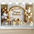 Multi functional Happy Birthday banner, paired with gold and white balloons and a large bow.