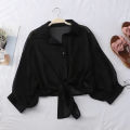 Women Summer Bat Half Sleeve Chiffon Shirt Casual Loose Button Hollow White Clothes Elegant Solid Color Tied Waist Blouse 9776. 