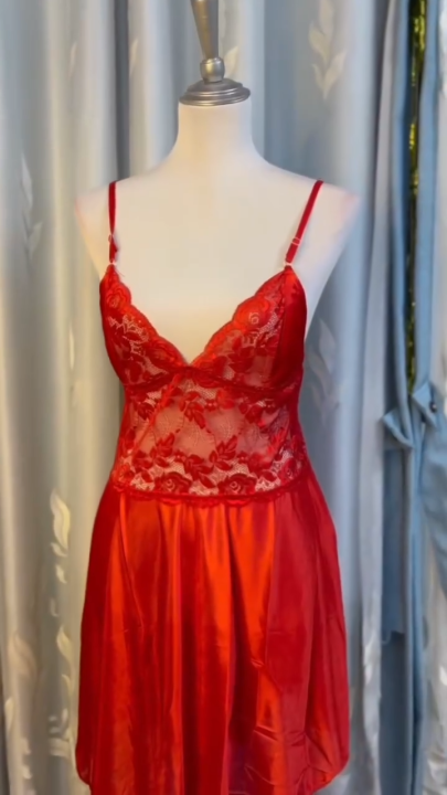 Fancyra Women Satin Babydoll Nightwear Dress Lingerie Nighty Free Size Rose Red Color