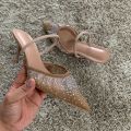 New Summer Women's Sandals Rhinestone Bright Mesh High Heels Footwear Elegant Slingback Pointed Slip on Party Lady Pumps Shoes. 