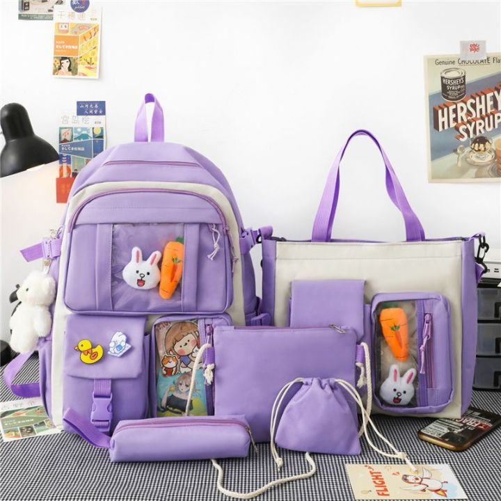Korean Style 4 Piece Backpack Set for School Girls Washable Fabric 18x14 Inch