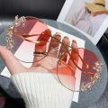 New Rimless Cut Edge Diamond Sunglasses Fashion Round Rhinestone Sunglasses Wave Design Mirror Leg Glasses. 