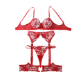 New red heavy industry rose embroidery slim fit perspective gathering gemstone decoration lingerie four piece set.