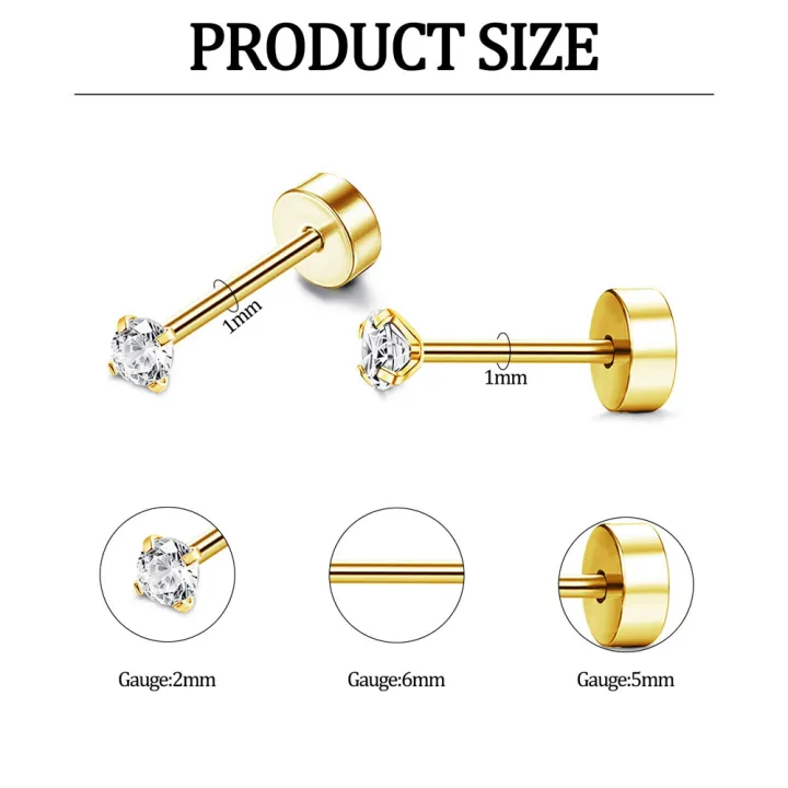 2pcs%20Tiny%20Surgical%20Stainless%20Steel%202mm%20Small%20CZ%20Dot%20Ball%20Flat%20Screw%20Back%20Stud%20Earrings%20Ear%20Piercing%20Hoop%20Jewelry%20Set%20-%20Image%206