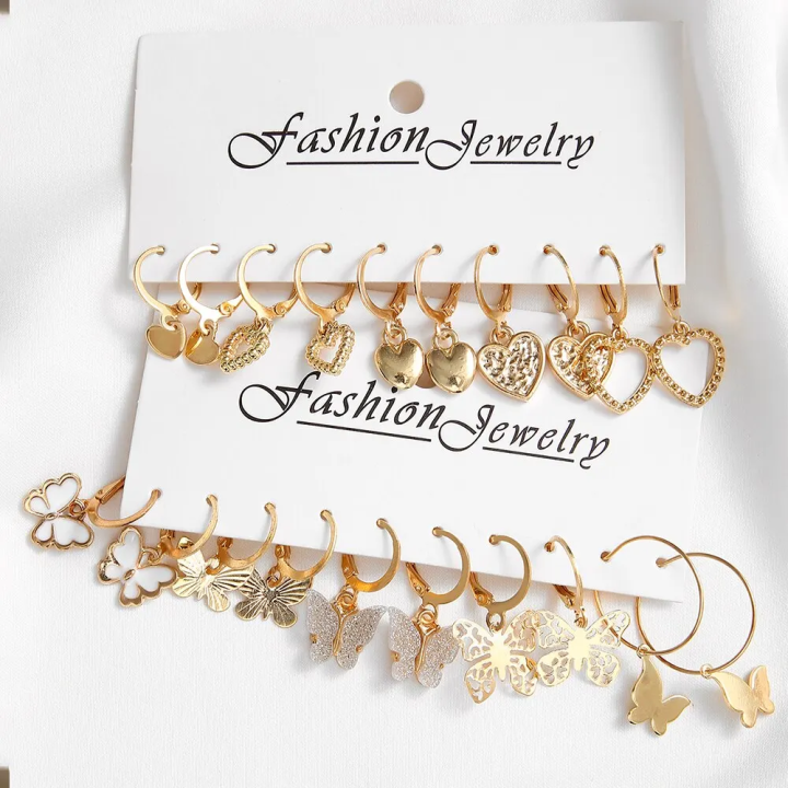10pcs%20Gold%20Color%20Creative%20Simple%20Earrings%20Set%20for%20Women%20Fashion%20Temperament%20Hollowed-out%20Butterfly%20Love%20Earrings%20Jewelry%20Gifts%20-%20Image%205