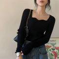 Knitted Pullovers Women Vintage Solid Sweaters Autumn Winter Korean Elegant Slim Knitwear Square Collar All Match Jumpers New. 