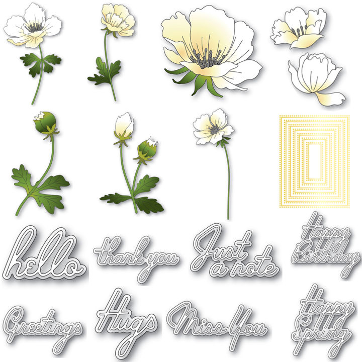 Blooming Anemone Magnolia Flowers Cutting Dies Set Happy Spring Script Sentiment Words DieCut for DIY Paper Card Making 2024 New