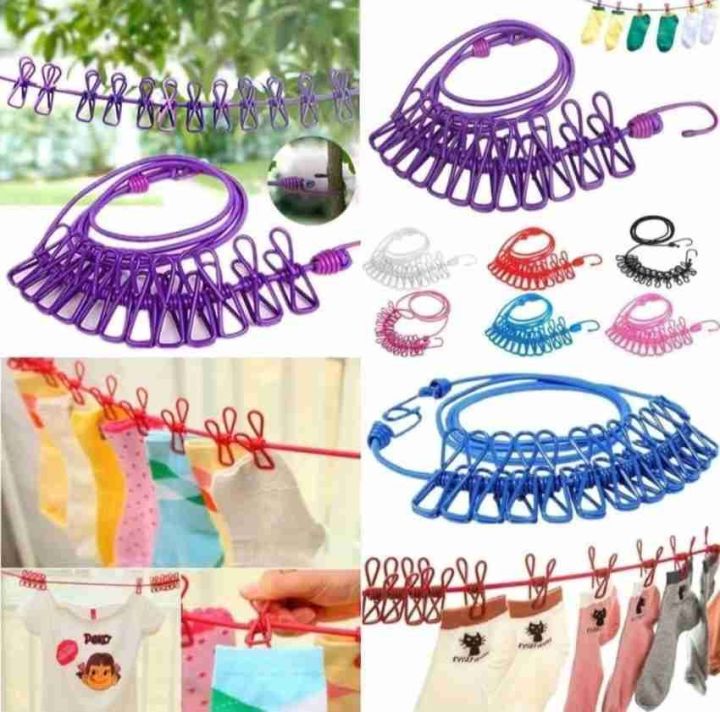 Clothesline Rope Elastic Cloth Drying Hanging Rope with 12 Clips and 2 ...