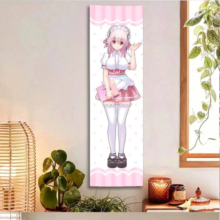 Super Sonico Maid Outfit Vertical Tapestry, Pink Polka Dot Wall Scroll, Kawaii Anime Long Hanging Decor for Bedroom, Otaku Room,