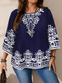 Plus Size Women's Boho Print T - Shirt, Navy Blue with White Floral Patterns, 3/4 Sleeves, Super Comfy for Daily Casual Wear.