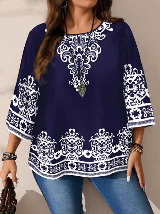 Plus%20Size%20Women's%20Boho%20Print%20T%20-%20Shirt,%20Navy%20Blue%20with%20White%20Floral%20Patterns,%203/4%20Sleeves,%20Super%20Comfy%20for%20Daily%20Casual%20Wear%20-%20Image%202